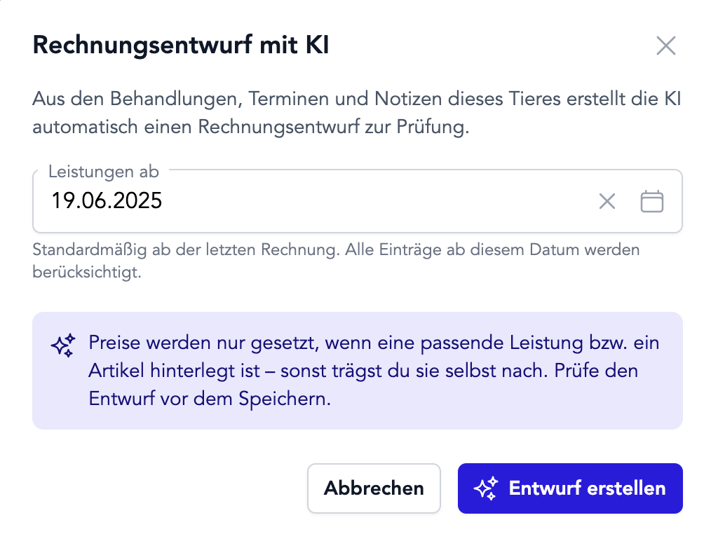 Aus Behandlungen, Terminen und Notizen wird per Klick ein Rechnungsentwurf