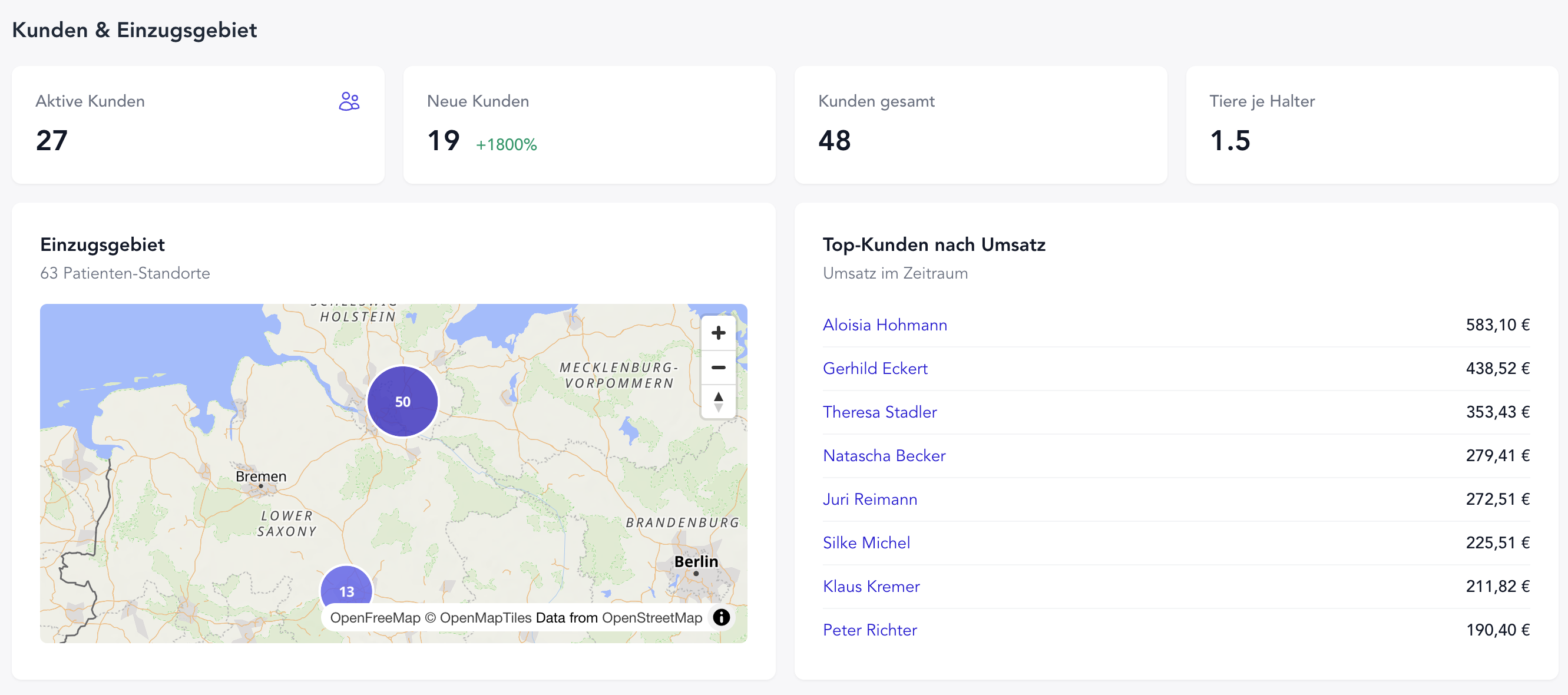Kunden & Einzugsgebiet – Geo-Karte und Top-Kunden nach Umsatz