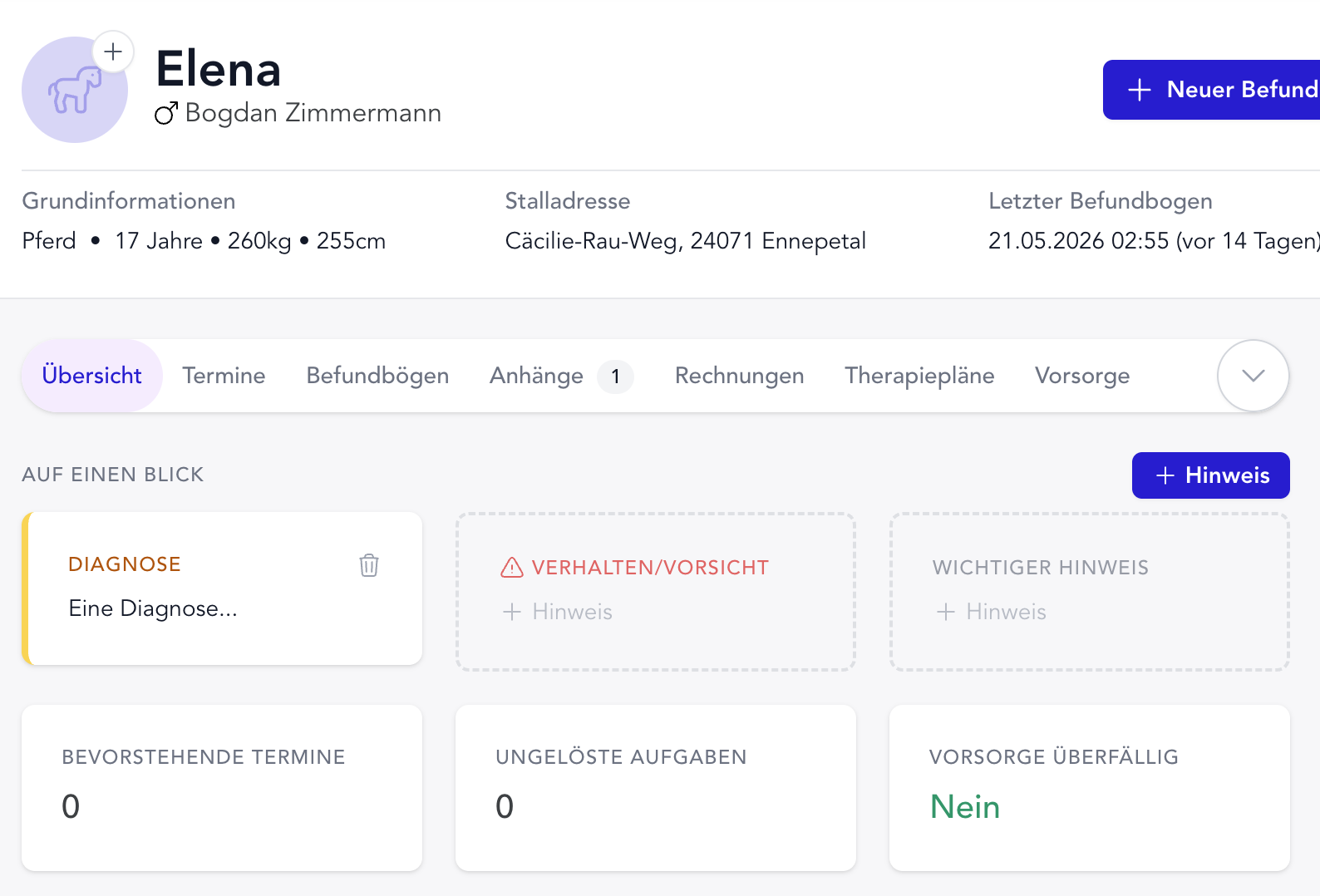 Hinweiskarten direkt in der Tierakte