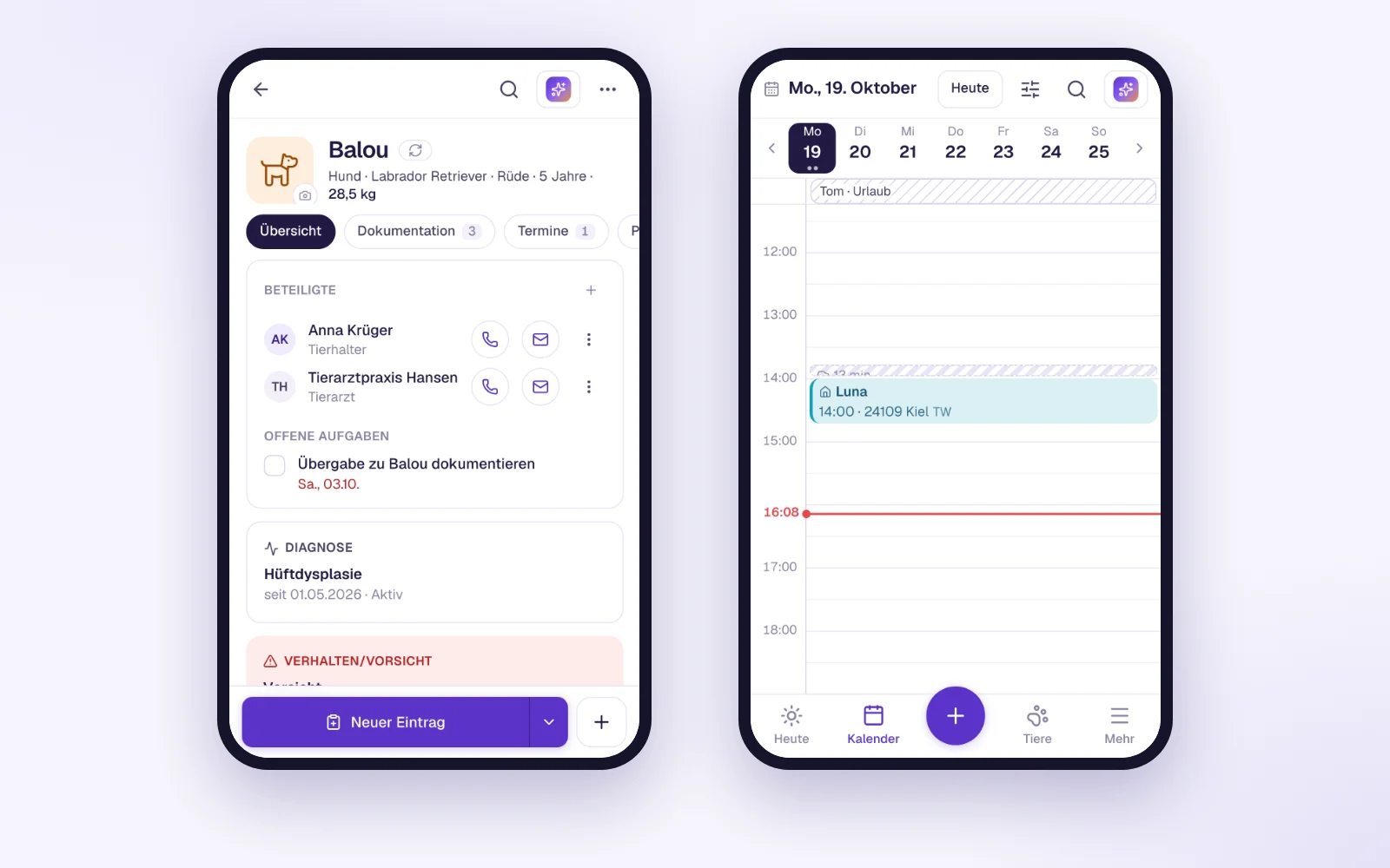 Tierakte und Kalender der neuen TheraTap-Web-App am Handy